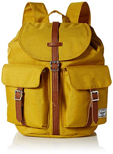 Mochila vintage Herschel de color amarillo mostaza con correas de cuero y pequeños bolsillos gemelos de 13 litros de capacidad